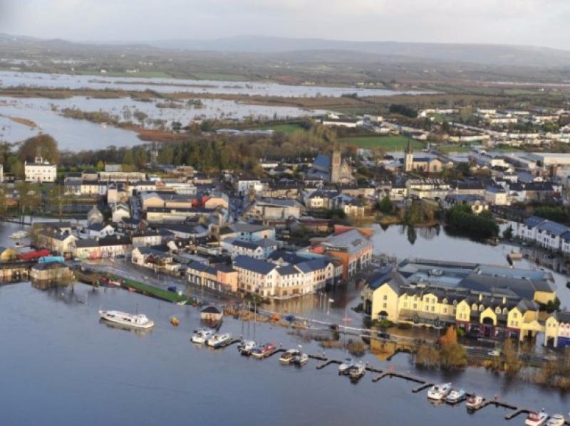 An aerial view of Carrick-on-Shannon when it was flooded in 2009. Fears have been expressed about the chances of flooding in six areas 'of significant flood risk' in the county.