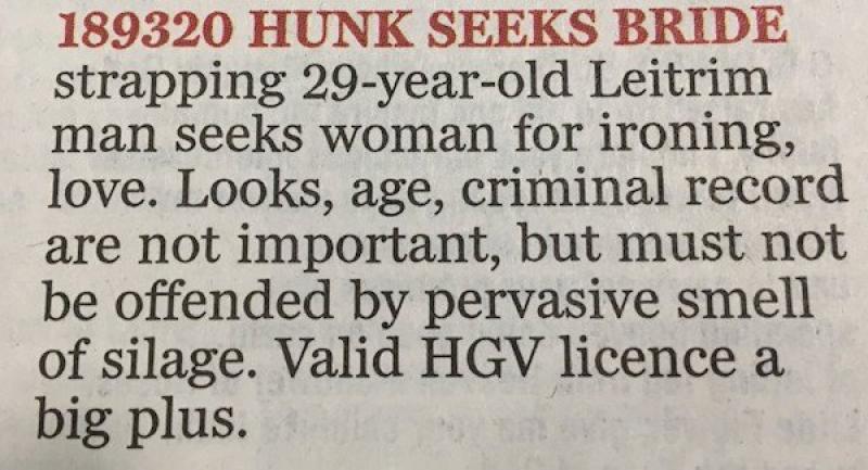 A "strapping" Leitrim man is seeking a silage loving woman