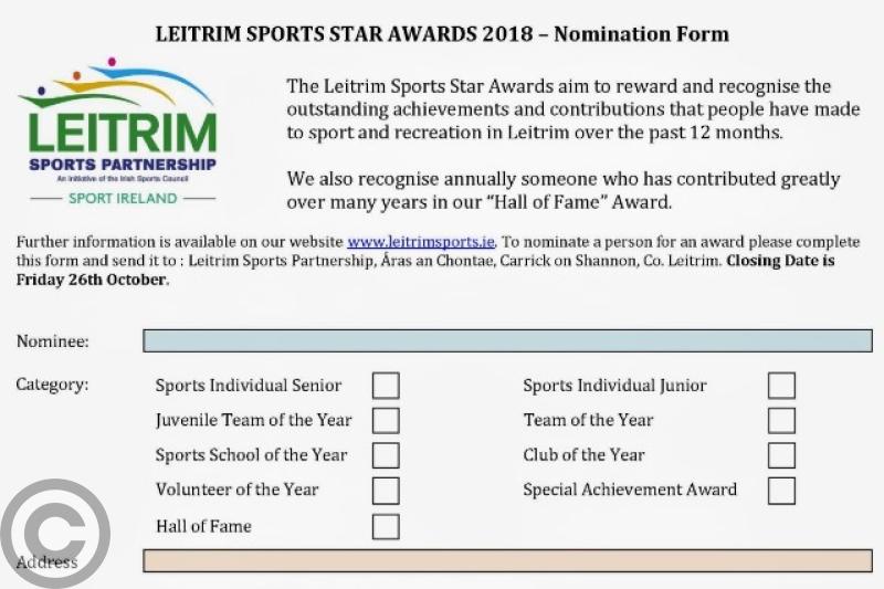 Closing date for nominations for 2018 Leitrim Sports Star Awards is this Friday October 26