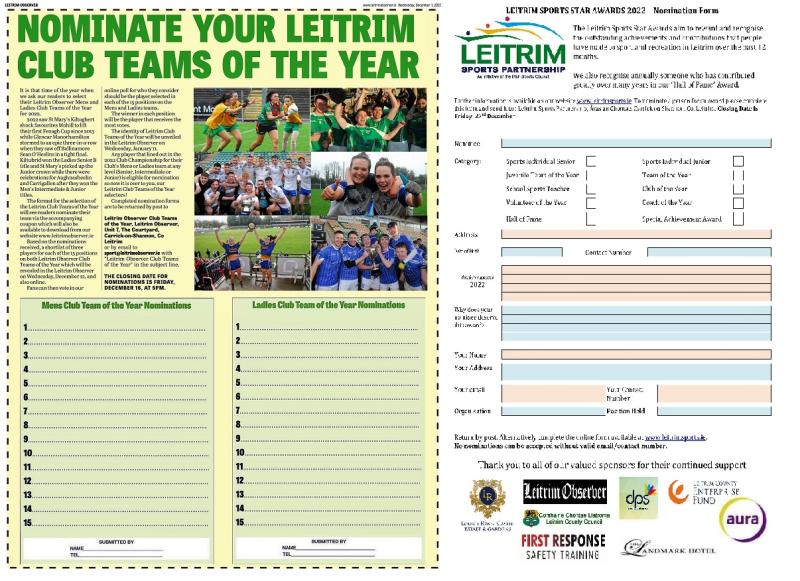 Nominate your club teams of the year and Leitrim Sports Star award winners with this week's Leitrim Observer