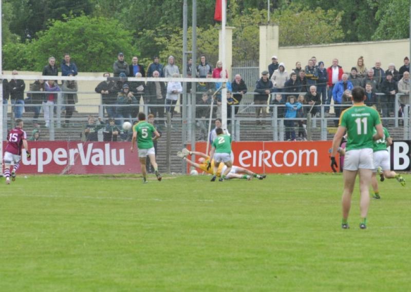 Leitrim keeper Cathal McCrann can't prevent Galway's Damien Comer from finding the net during the first half in Pairc Sean Mac Diarmada. Photo by Willie Donnellan