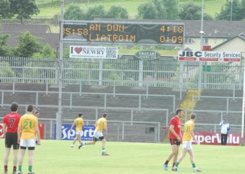 A harsh sight for Leitrim fans as the scoreboard reveals Leitrim's plight at the end of last Sunday's All-Ireland Qualifier in Newry. Photo by Willie Donnellan