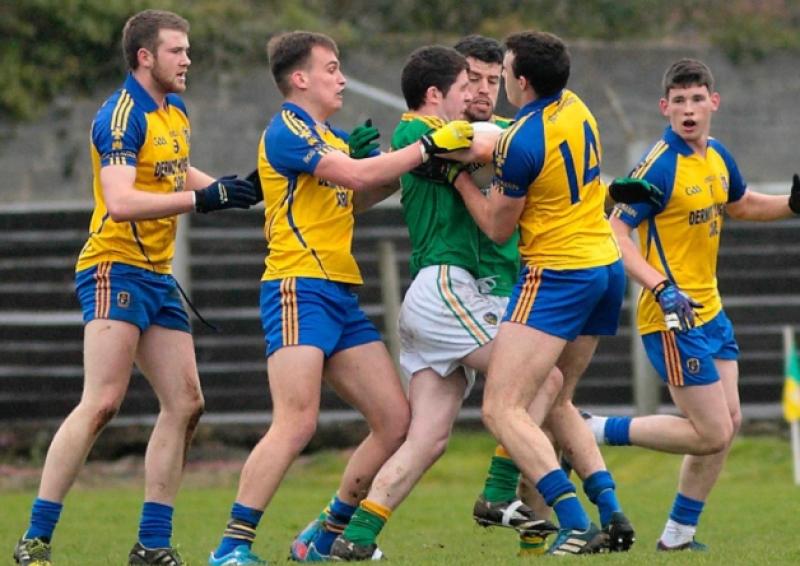 Killian McGriskin finds his parth blocked by Roscommon's Mark Nally and his team-mates during last Saturday's Connacht U21 Semi-Final in Pairc Sean Mac Diarmada. Photo by James Molloy