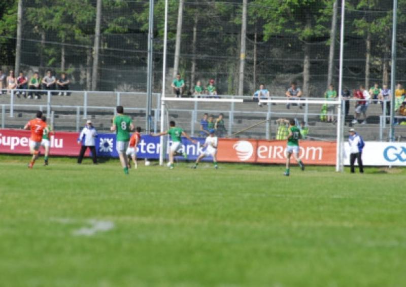 Armagh's Eugene McVerry blasts the ball to the net last Saturday in Pairc Sean Mac Diarmada. Photo by Willie Donnellan
