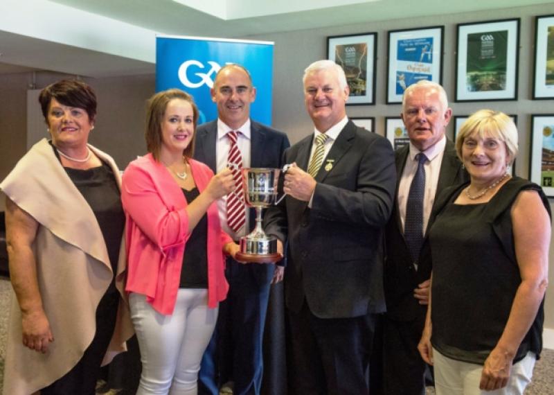 Rachel Dorrigan-Quinn presents the Stephen Dorrigan Memorial Cup to GAA President GAA President Aog�n " Fearghail with, from left, Helena and Mickey Dorrigan and Leitrim GAA County Board officials Terence Boyle & Attracta O'Reilly. The Cup, which will be presented to the winners of the All-Ireland U16 C Hurling Championship, is named in memory of the late Stephen Dorrigan who died in 2008 following a tragic illness at the age of just 24. An accomplished footballer with Gortletteragh GAA Club, Stephen was also a noted hurler and represented Leitrim with distinction in hurling at all grades from U16 to Senior. The Dorrigan family are recognised as one of the main hurling families in Leitrim and have given a lifetime of service to the game.Back in 2014, the GAA decided to name the cups presented to the winners of various hurling competitions in the U16, Minor and U21 grades. After a consultation process and feedback from counties, the names of Stephen Dorrigan (Liatroim), Richie McElligott (Kerry), Andrew ON