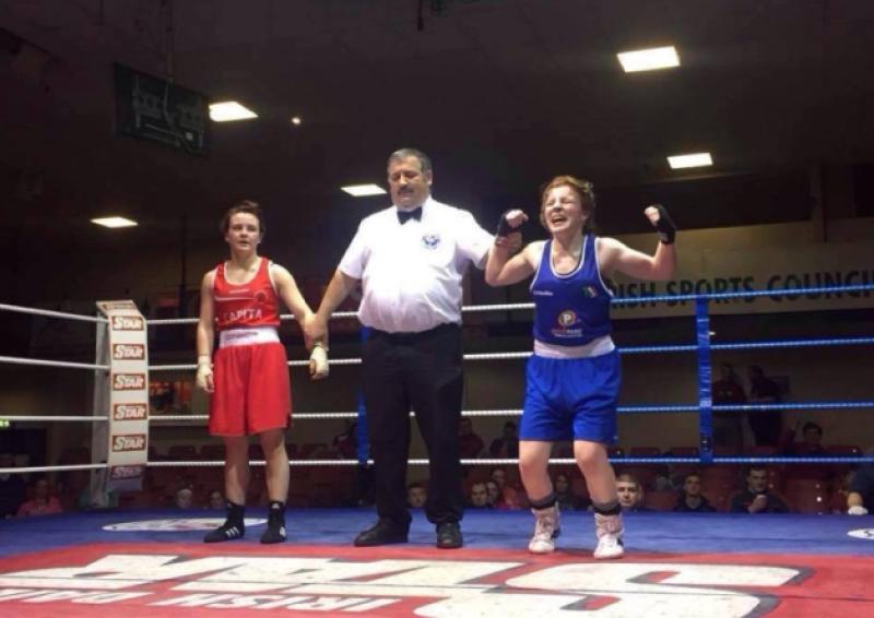 Cootehalls Saidhbh Greene celebrates her victory in the National U18 54kg Final in the National Boxing Stadium in Dublin recently. Defending Champion Saidhbh won her semi-final by TKO against an opponent from Kanturk and after a hard fought final, she won her eighth national title. Saidhbhs training partner David Quinn from Ballymote, having won the Connacht 60kg Final, reached the semi-finals.