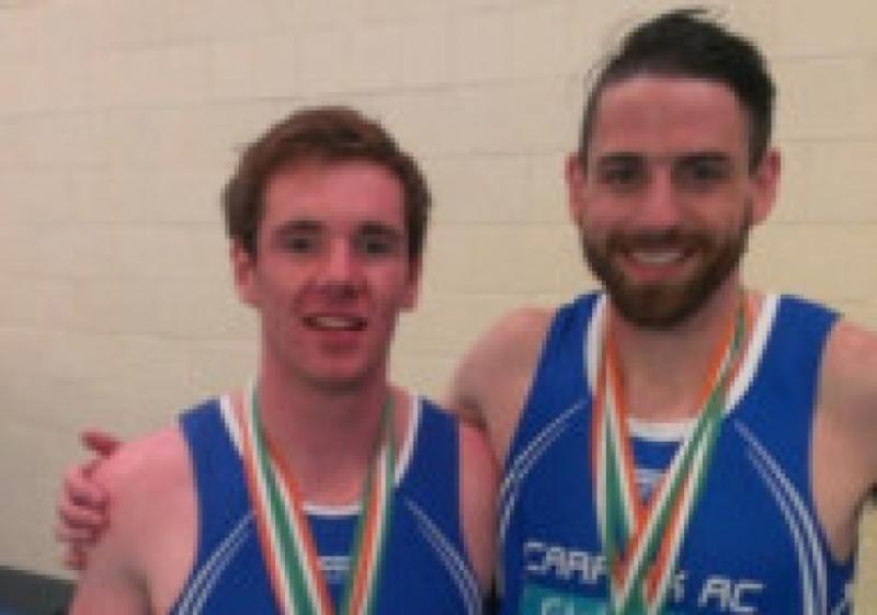 Carrick AC's Gerard O'Donnell (right) pictured with clubmate Eanna Madden after the recent National championship - O'Donnell moved to eight on the Irish all-time 110m Hurdles list in a race in France on Wednesday.