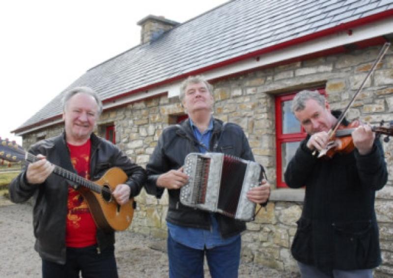 Members of the Leitrim Residency Band pictured at John McKenna Homestead at Tents, Tarmon, Drumkeerin where they played a session with some local musicans on Friday evening, April 12. From left: Donal Lunney, Seamus Begley and John Carty.Photo by Willie Donnellan