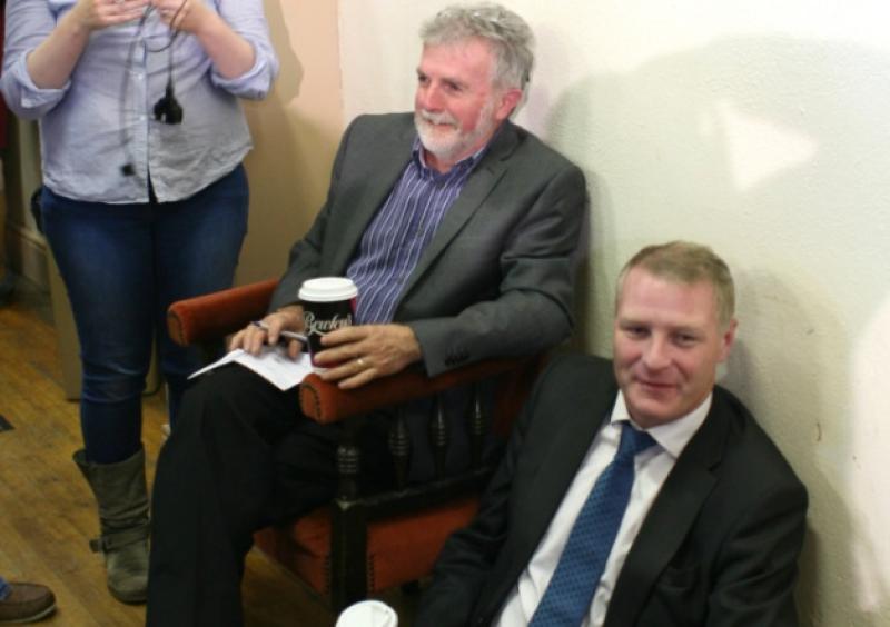 11/10/14Roscommon South Leitrim byelection count Roscommon Gaels GAA club.Sinnee candidate, Martin Kenny, and Owen Carron, former MP and director of elections for IRA Hunger Striker Bobby Sands take a rest during the count. Photo Brian Farrell