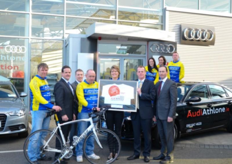 Pictured at the launch of Audi Athlone Two Provinces Triathlon were, from left, Brendan O'Sullivan (Club Executive), John Flanagan & Robbie Flanagan (Audi Athlone), Niall O'Donohue (Race Director), Rois�n Satchwell (Race Committee), Michael Moore Jnr (General Manager Audi Athlone), Jason Satchwell (Audi Athlone), Andreea Gallagher (Race Committee), Laura Clyne (Club Executive) and Sean Mimnagh (Club Executive). Pic: www.hursonphotography.com
