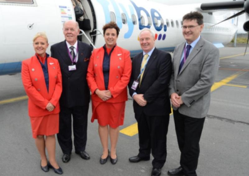 Pictured at the announcement of a new service to Birmingham from Ireland West Airport Knock with Flybe are, left to right, Sue Bennison, Flybe cabin crew, Joe Kennedy, Chairman, Ireland West Airport Knock, Sue Neal, Flybe cabin crew, Minister of State at the Department of Transport, Tourism & Sport, Michael Ring TD, Joe GIlmore, Managing Director, Ireland West Airport Knock