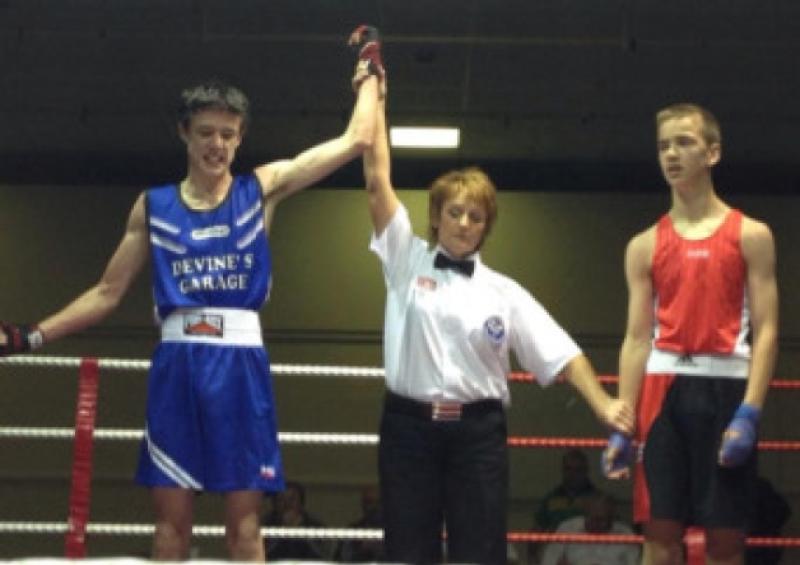 Mark Stringer has his hand raised in victory after he defeated James Drennan from Paulstown in the All-Ireland Boxing Championship boy 2 57kg title last weekend.