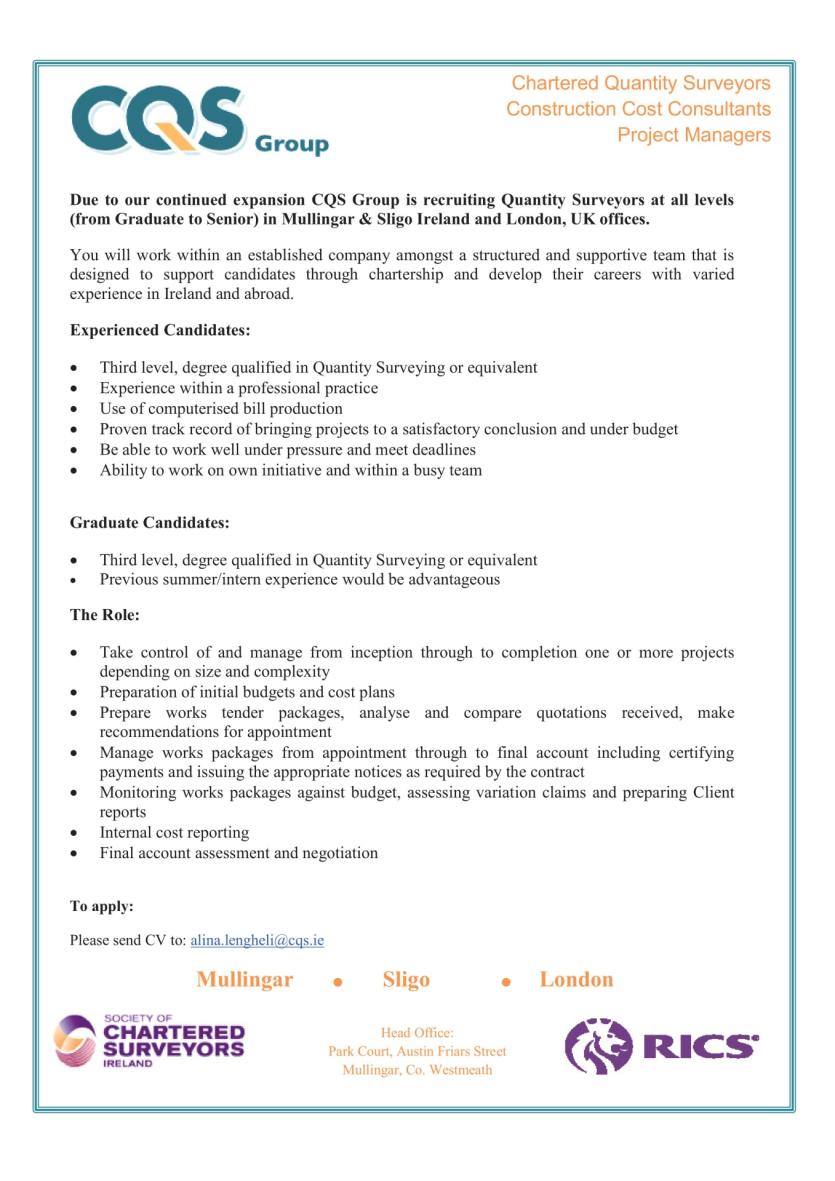 Longford Leader Jobs Alert:  CQS Group is recruiting Quantity Surveyors at all levels 