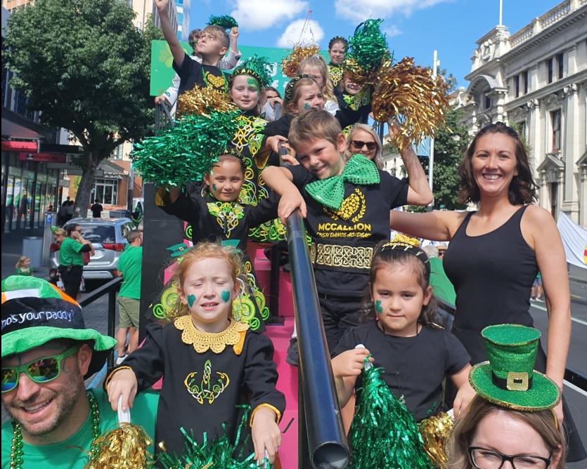 Máire McCallion and members of McCallion Irish Dancing Academy in Auckland