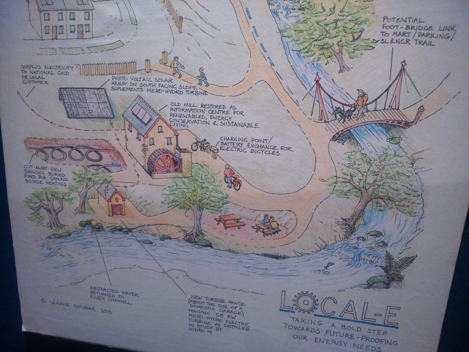 Seamus 'local E' creative drawing of his plans for a hydro station in Manorhamilton