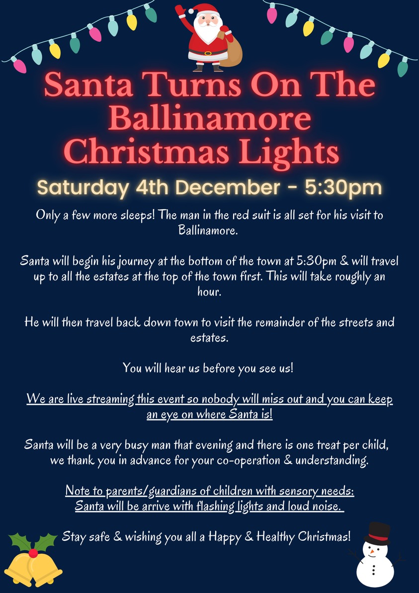 Santa to turn on Christmas lights in Ballinamore this weekend Leitrim