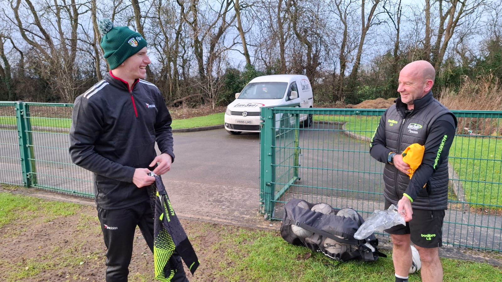 Antrim Goalkeeper, Mick Byrne, joins Liam Swift as a guest coach at his academy session in Antrim last month. 